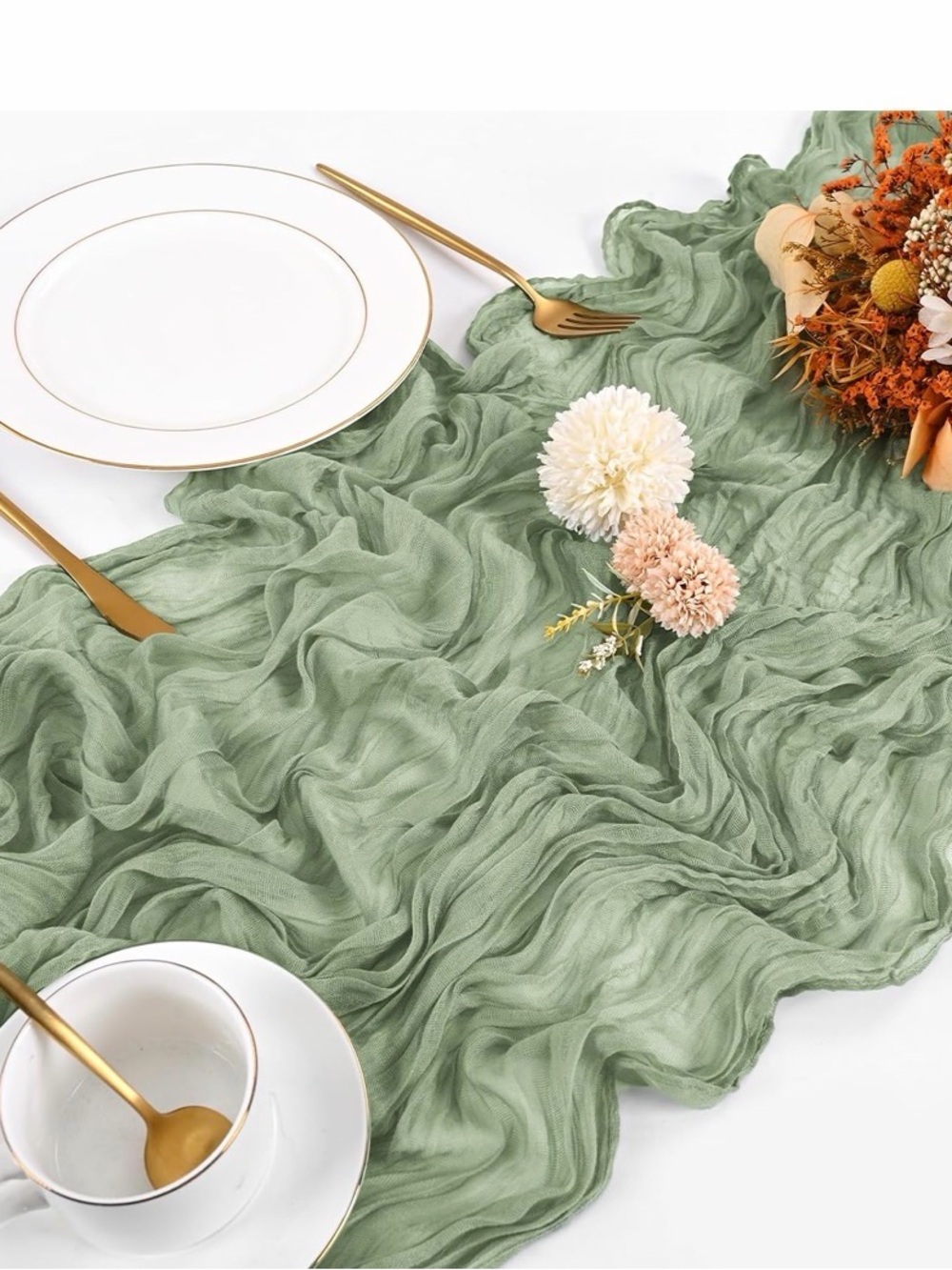 30 pc Elegant Sage Green Crinkled Table Runner